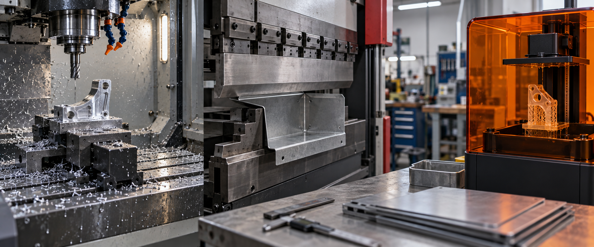 Ecke einer Werkstatt für die kundenspezifische Fertigung von Nichtstandardteilen, CNC-Maschinen, Blechbiegemaschine und 3D-Drucker nebeneinander, die Koexistenz mehrerer Verfahren zeigend