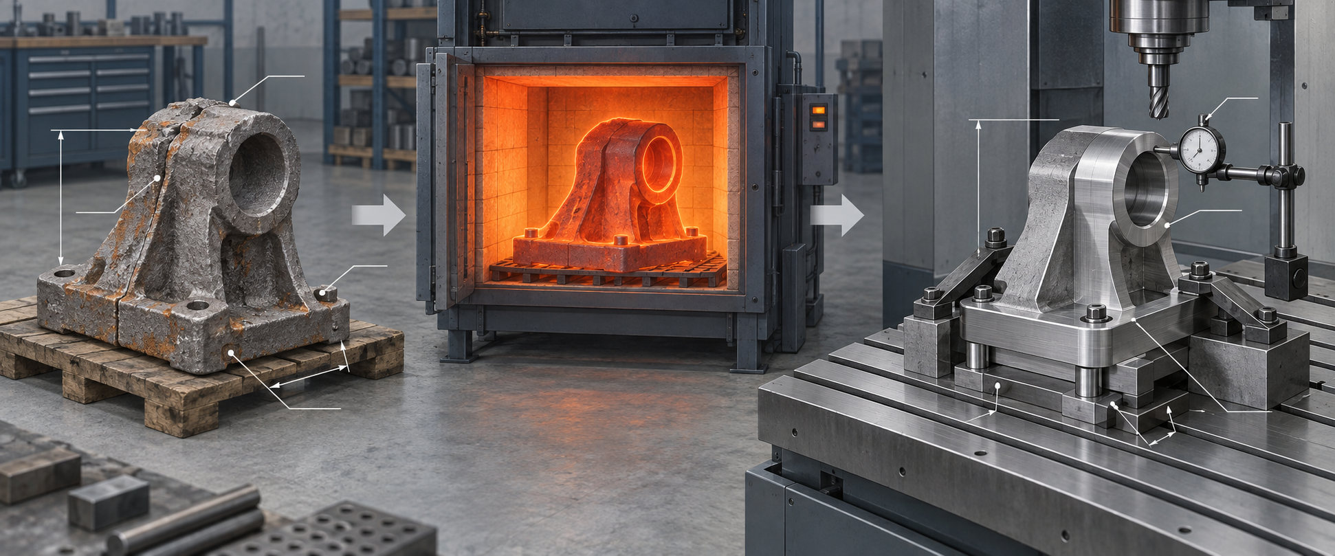 Schematische Darstellung der Prozesskette metallischer Nicht-Standard-Teile vom Gussrohteil bis zur CNC-Feinbearbeitung