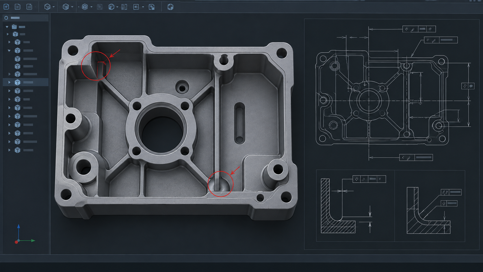 工程师在屏幕上对照 CAD 模型与二维工程图，用红圈标出刀具无法进入的内直角与过小圆角