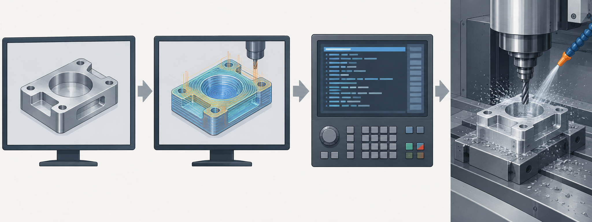 机加工数控加工的信息流示意：CAD 模型经 CAM 生成刀具路径，后处理为 G 代码，最终由机床执行切削