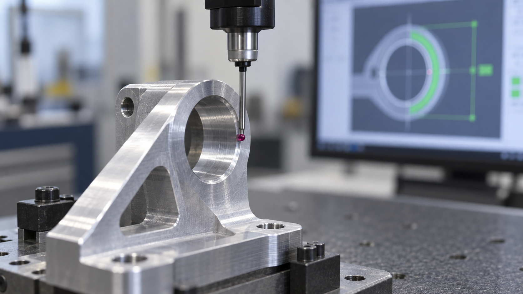 CMM probe contacting the inner bore of a metal part, with a tolerance-band screenshot displayed on the screen