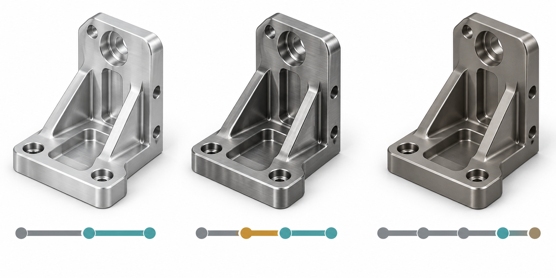 Schematic comparison of roughing, finishing, and heat treatment operations for the same part in aluminum, stainless steel, and titanium alloy