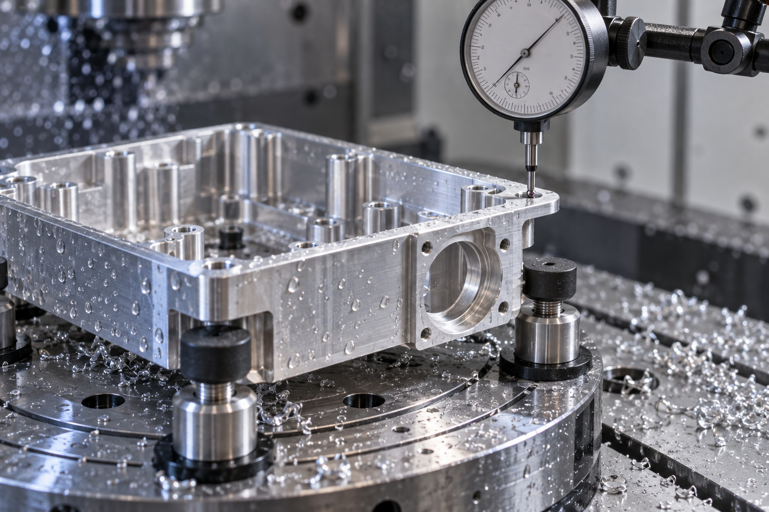 Close-up of a thin-wall aluminum part clamped on a CNC milling machine with multi-point flexible supports and a vacuum chuck, aligned with a dial indicator