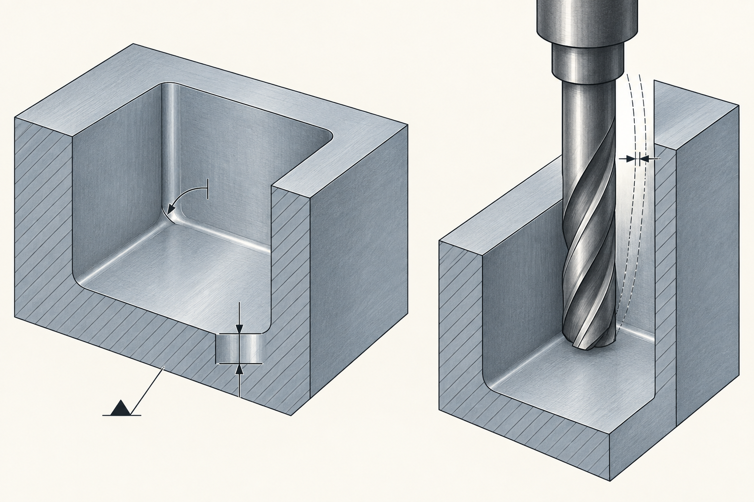 Internal fillet radii, tool accessibility, and datum surfaces annotated on an engineering drawing, alongside a diagram of an end mill entering a cavity