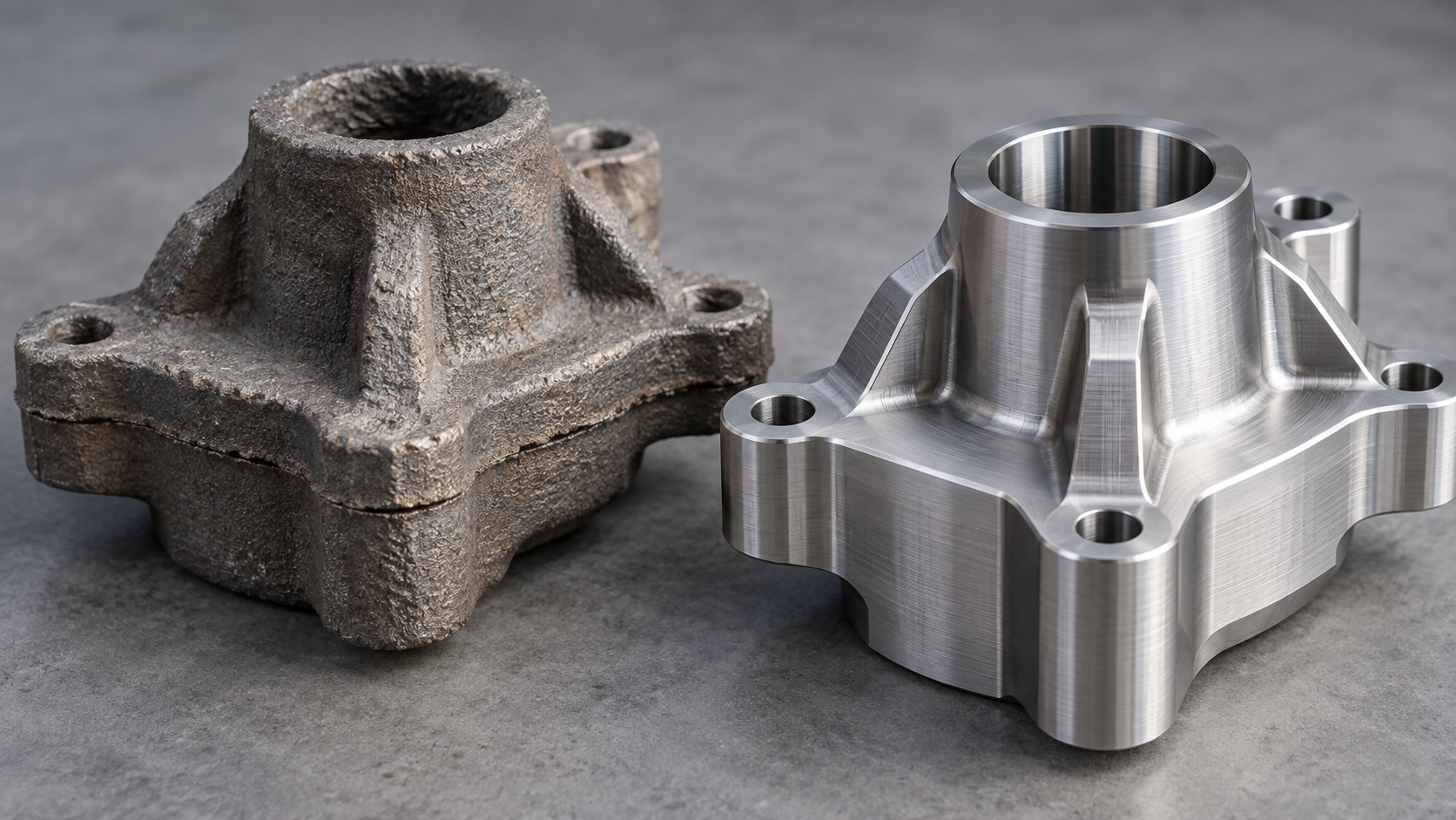 A cast blank and a machined and finished part placed side by side, showing the difference in form of the same part at different stages of the manufacturing chain