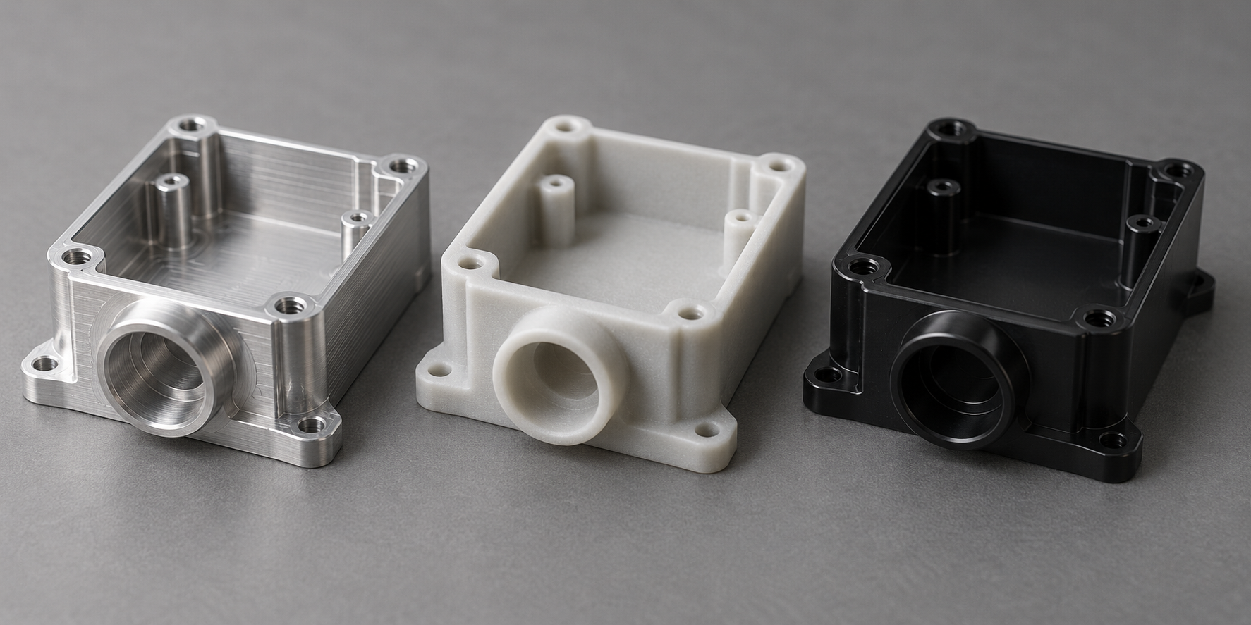 Comparación lado a lado de muestras de la misma pieza en tres procesos: CNC, moldeo por réplica al vacío e inyección, mostrando diferencias de textura superficial y detalle estructural