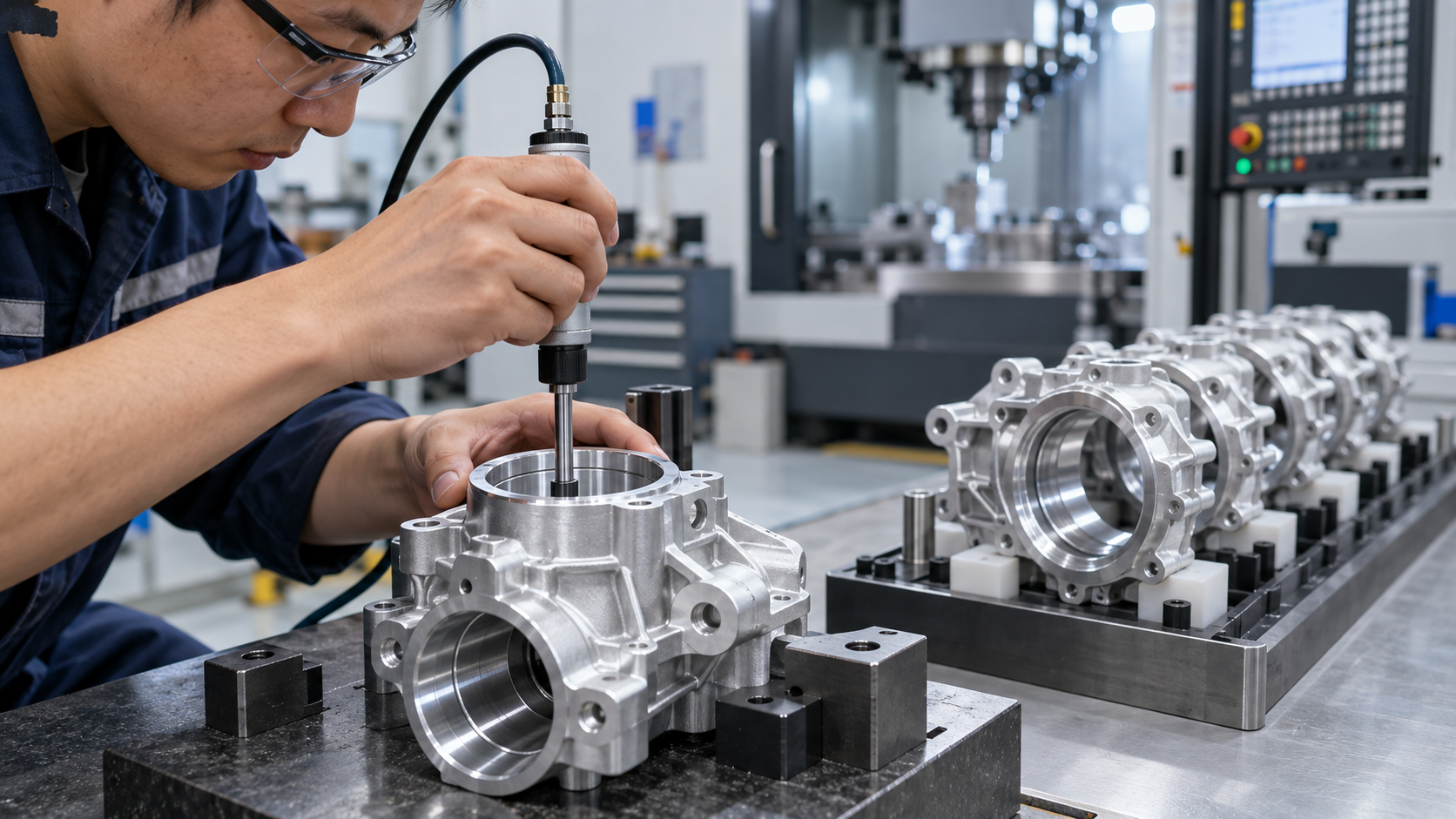 Pieza de aluminio para vehículo de nueva energía tras mecanizado CNC en lote, con un operario muestreando la dimensión del agujero interior con un comparador neumático