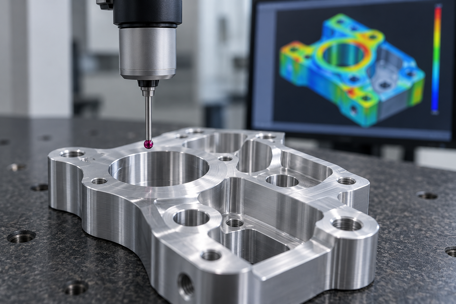 Sonda de máquina de medición por coordenadas tomando puntos en agujeros de una pieza de aluminio, con una pantalla de comparación de nube de puntos de escaneo 3D al lado