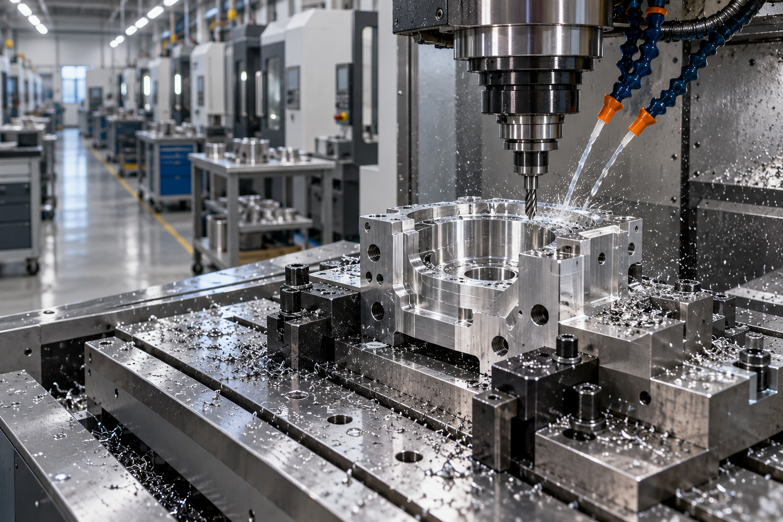 Ein Blick in die Fertigungshalle für Halbleiterausrüstungskomponenten: Mehrere Präzisionsmaschinen bearbeiten Metallteile, die Werkstücke sind in Vorrichtungen gespannt