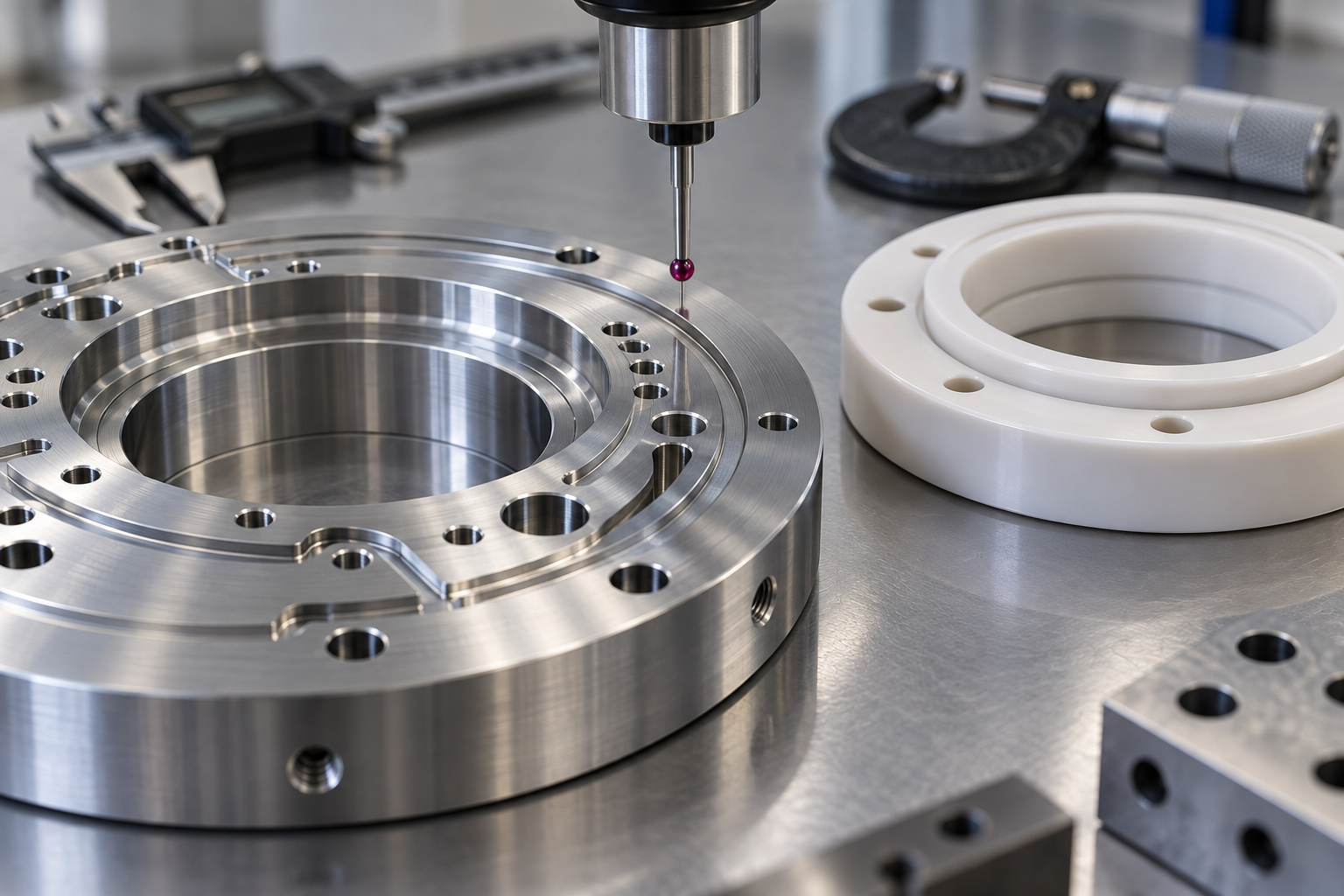 Makroaufnahme einer Mikrometer-Toleranzpassfläche bei der Bearbeitung von Halbleiterkomponenten, Aluminium- und Keramikteile nebeneinander, Messsonde nahe der Oberfläche