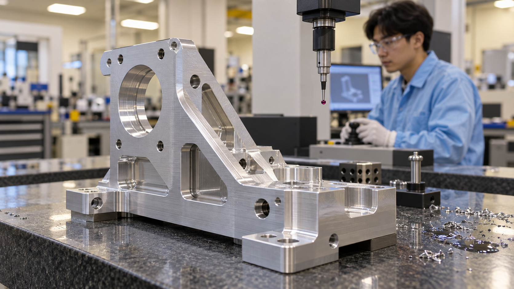 Präzisionsbearbeitungswerkstatt in der Nähe eines koreanischen Halbleiteranlagen-Fertigungsstandorts, ein Ingenieur prüft ein Aluminium-Strukturbauteil auf einem Koordinatenmessgerät