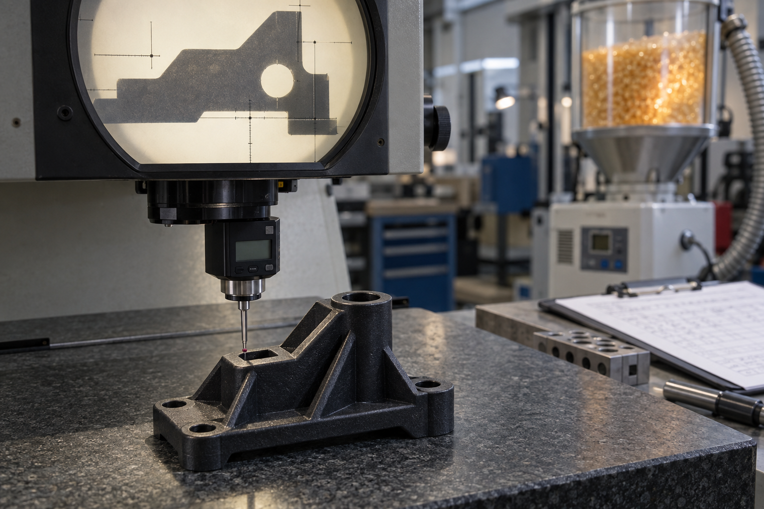 Ein Nylonspritzgussteil wird unter einem Projektor auf kritische Maße vermessen; daneben liegen getrocknetes Nylongranulat und ein Protokollblatt mit Spritzgussparametern