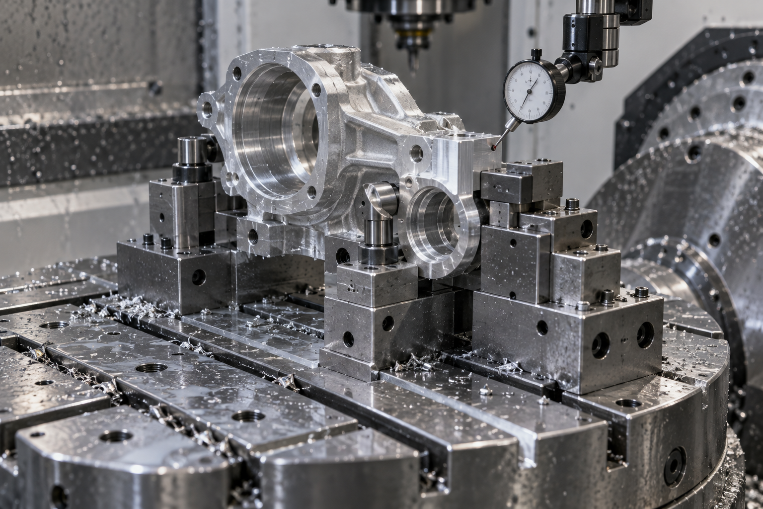 Robot joint housing fixture setup on a five-axis machine with modular locating blocks and support posts