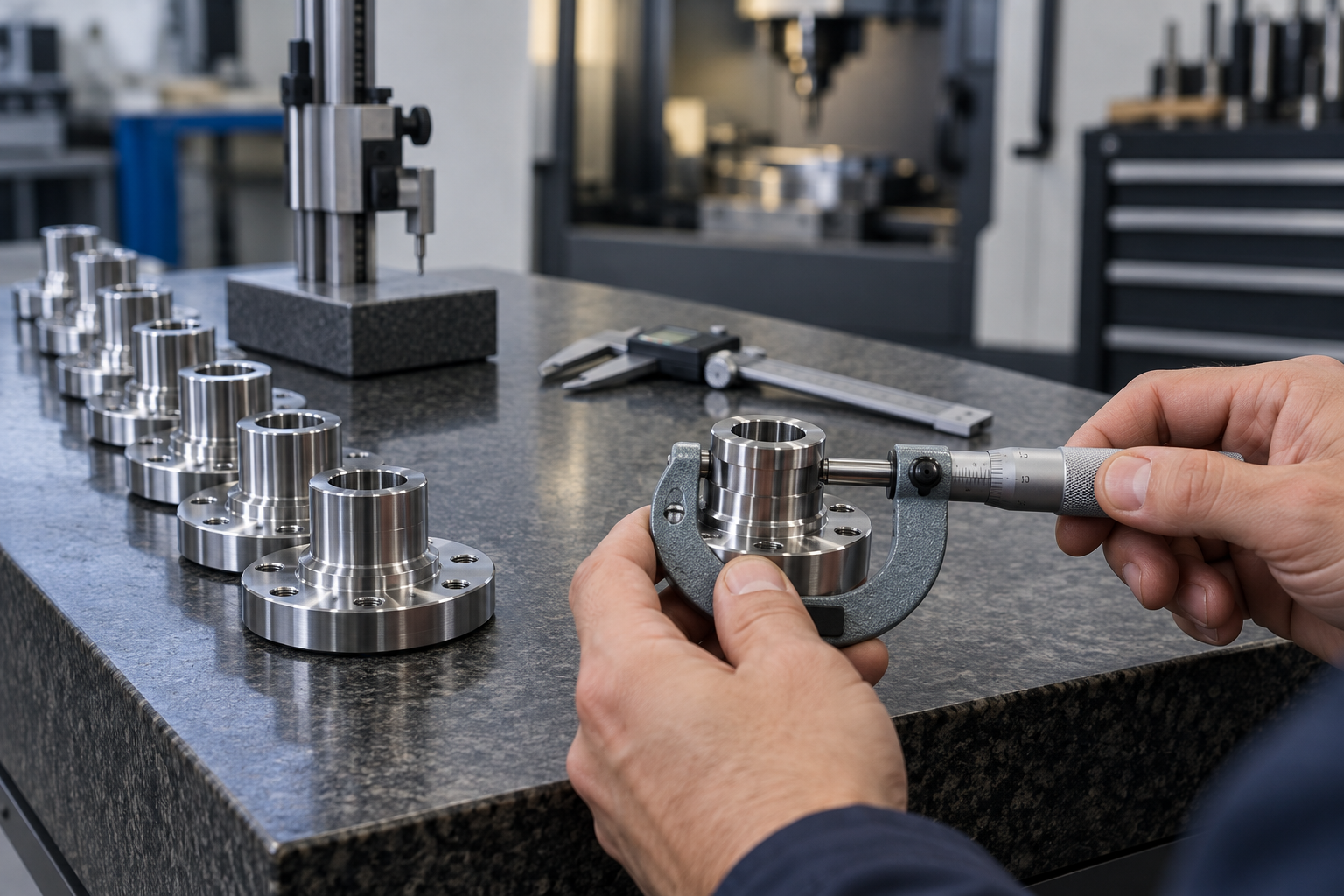 Dans l'atelier, une même série de pièces usinées de précision alignées près du gabarit de contrôle, un opérateur effectuant un contrôle par prélèvement au pied à coulisse, avec en arrière-plan une machine CNC et une armoire à outils