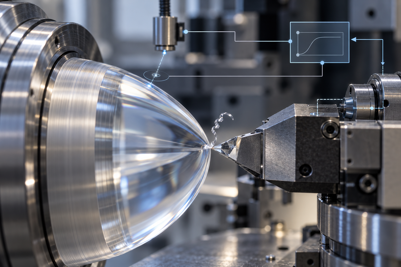Schéma d'une scène d'usinage ultra-précis : un outil en diamant à pointe unique réalisant un enlèvement minimal nanométrique sur une surface optique asphérique, avec à côté une boucle de compensation d'erreur en ligne annotée