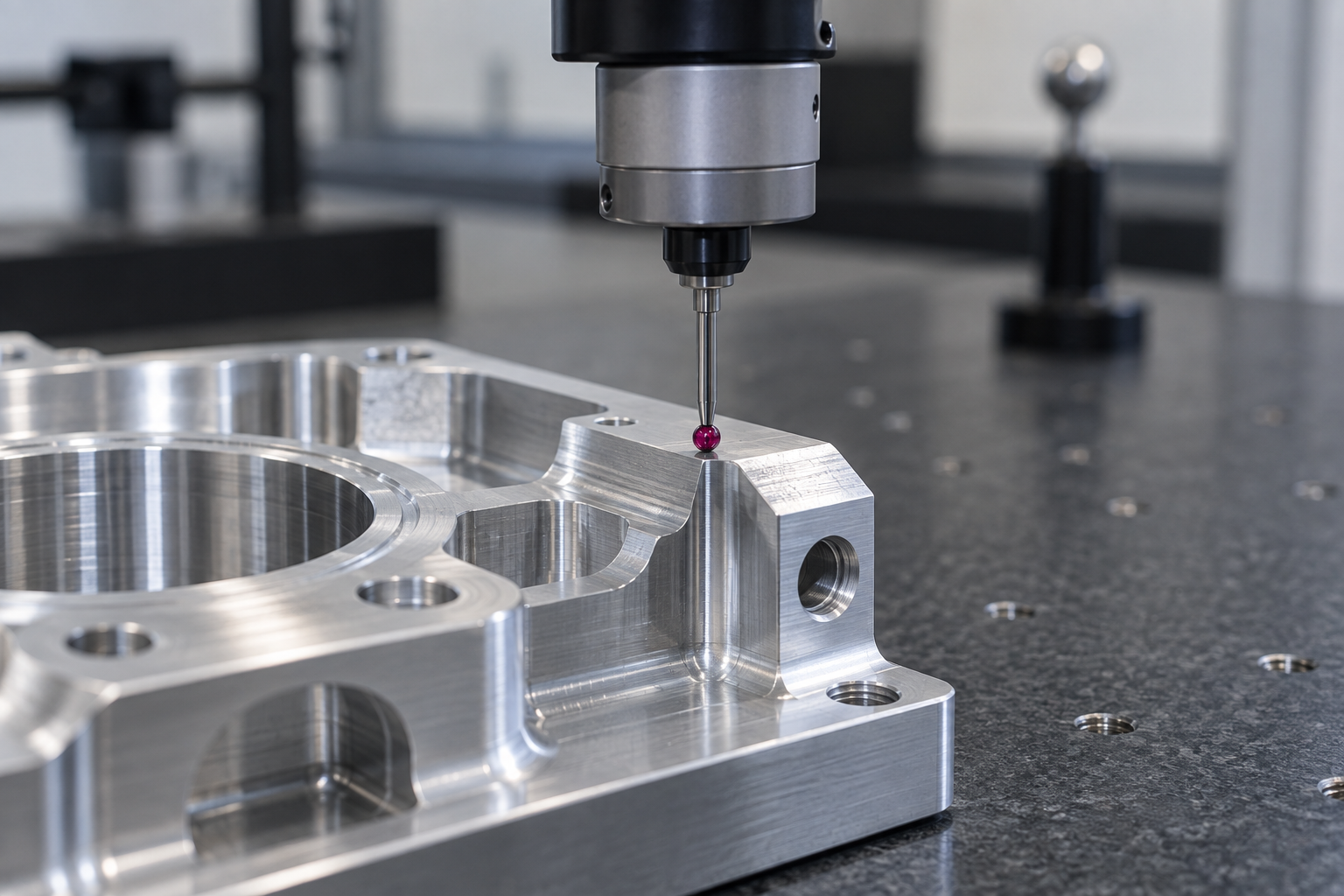 Scène d'atelier : pointe de machine à mesurer tridimensionnelle en contact avec la surface d'une pièce métallique de précision pour un contrôle dimensionnel
