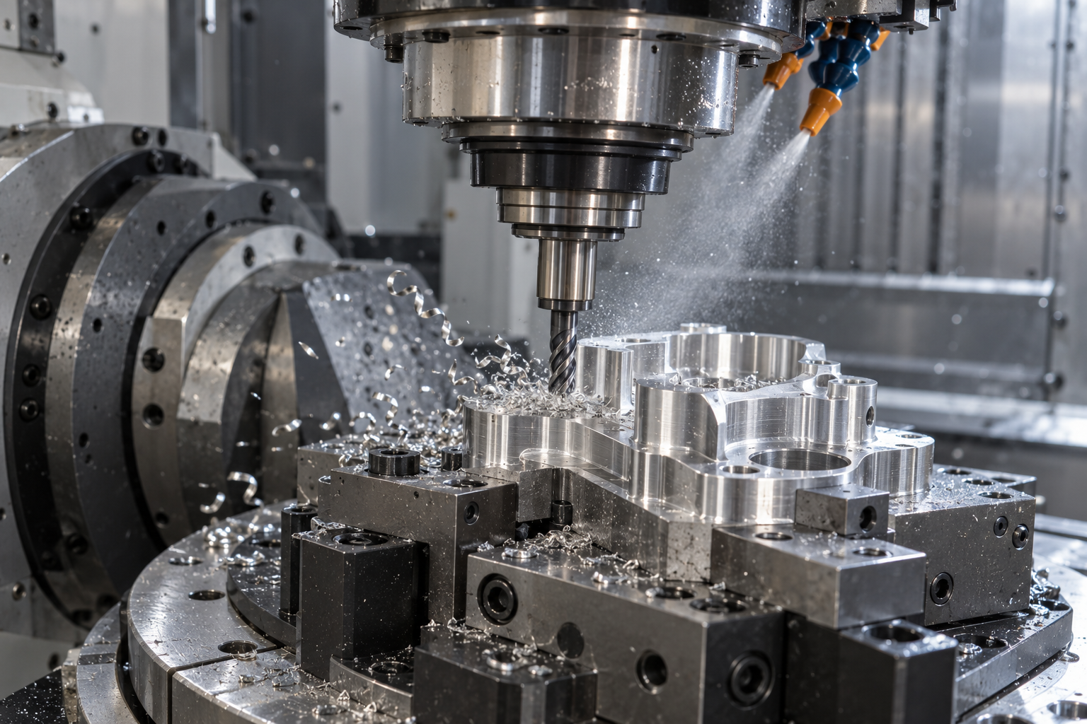 Dans un atelier d'usinage de haute précision, un centre d'usinage 5 axes fraise une pièce de précision en aluminium, avec détails visibles de la broche, du porte-outil et du bridage de la pièce