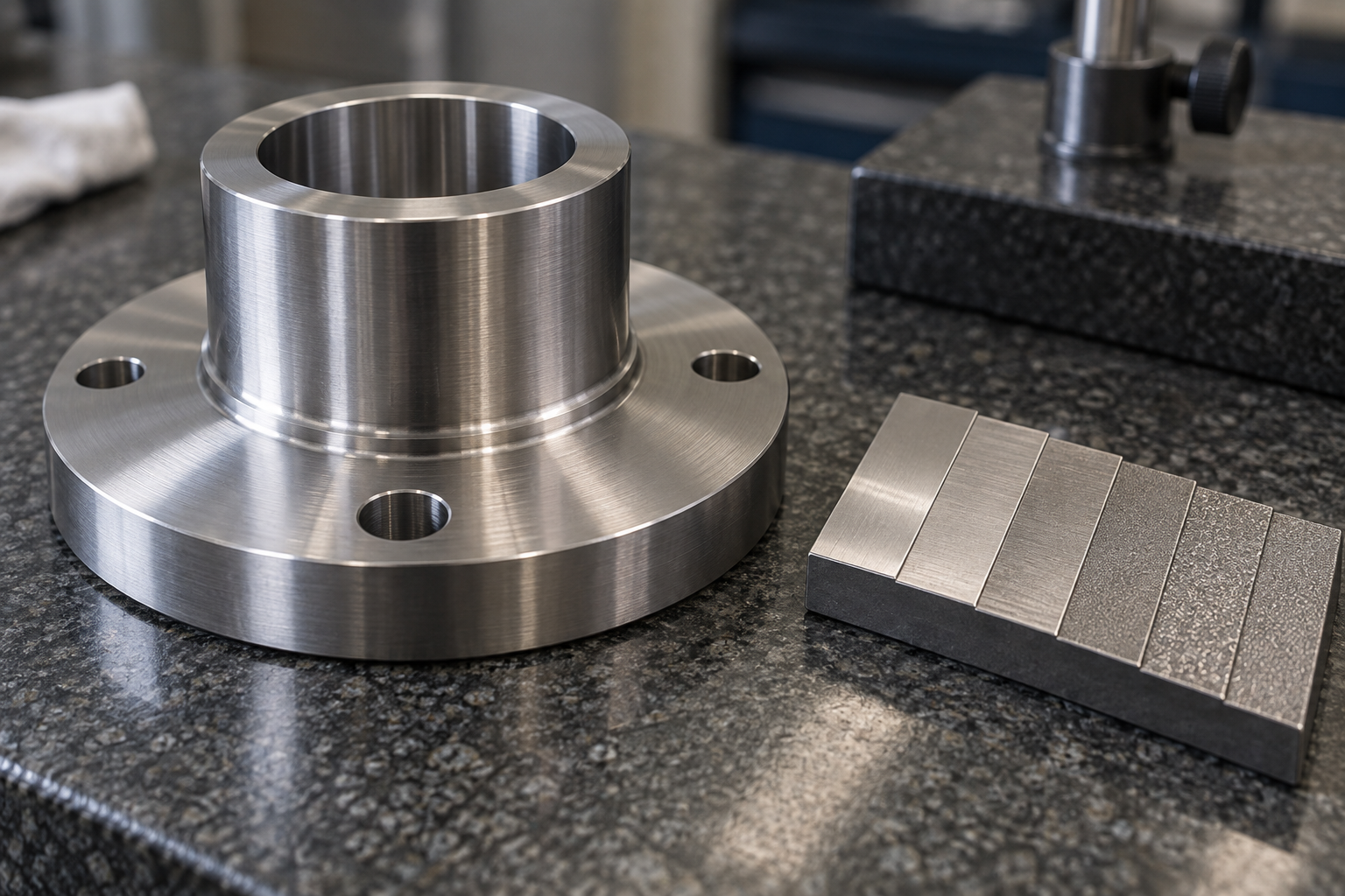 A precision part undergoes surface roughness inspection after the grinding process, with a roughness comparator block placed beside it for comparison