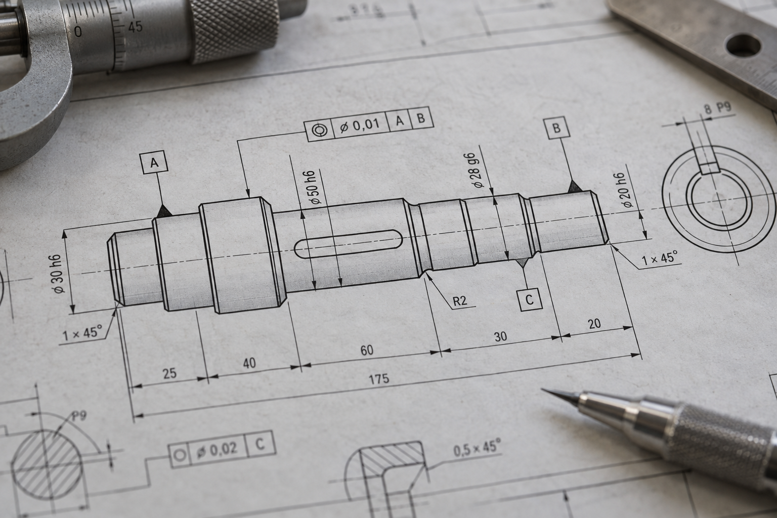 Close-up detail of a German precision machined part drawing, showing dimensional tolerances, datum symbols, and geometric tolerance frames