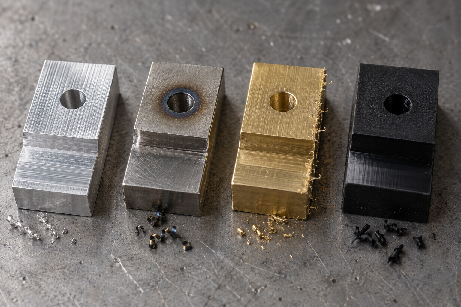German precision machined part material comparison: macro close-ups of chip morphology and surface roughness for aluminum, stainless steel, brass, and engineering plastics