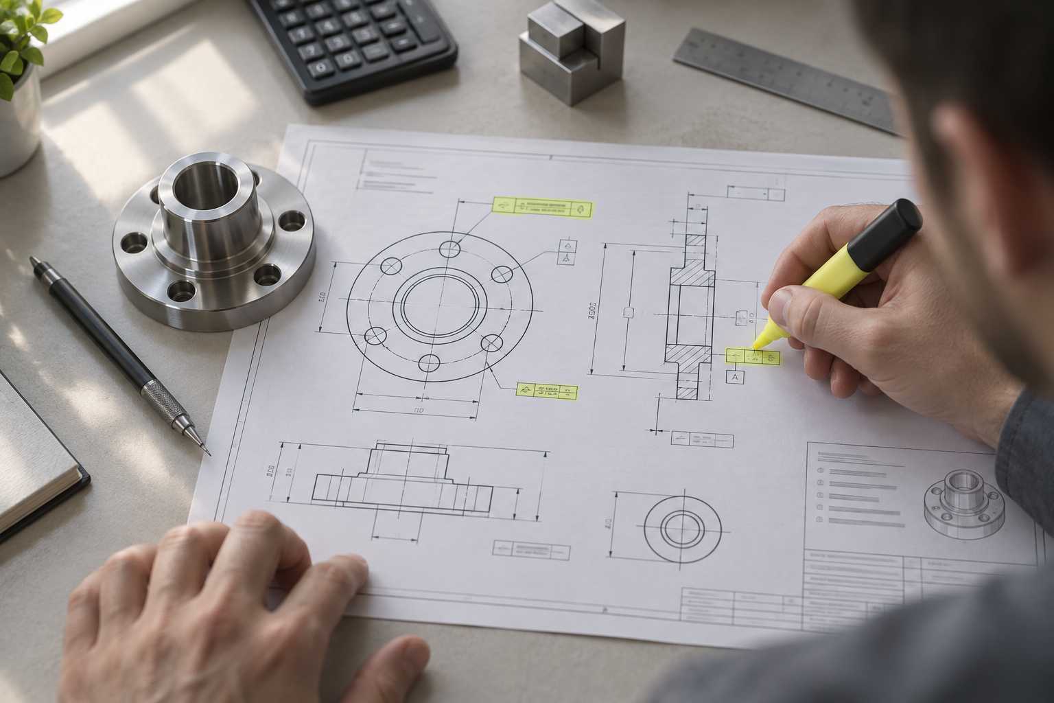 An engineer at a desk checks a German precision-machined part drawing, using a highlighter to mark critical tolerances and datum symbols, with material grade notes and a calculator nearby