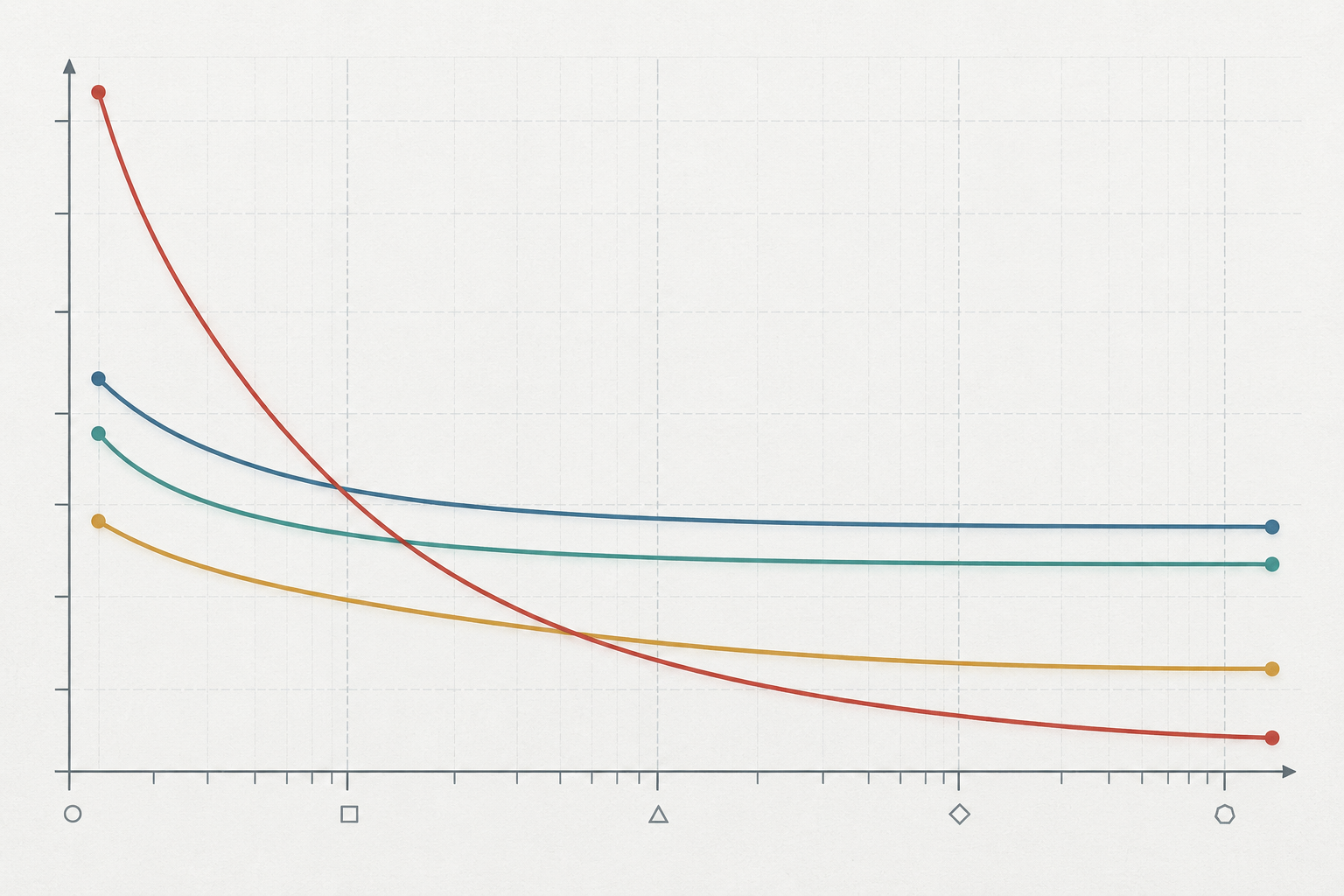 Schematic of the volume-cost curves for four processes: CNC milling, 3D printing, urethane casting, and injection molding