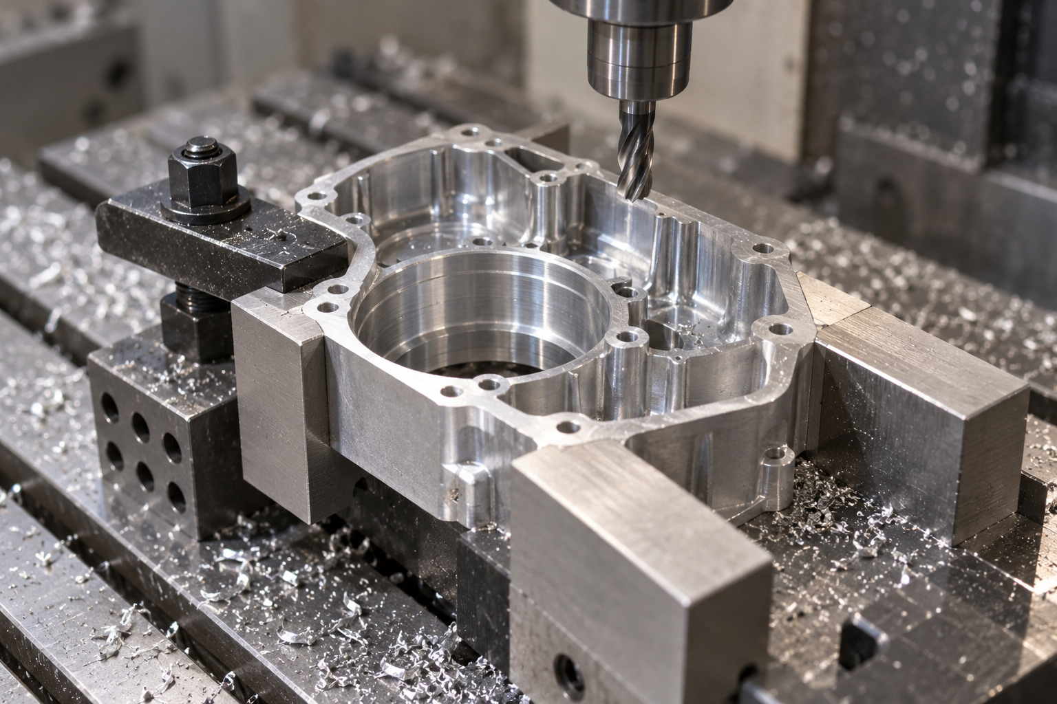 Close-up of a thin-walled aluminum housing clamped with soft jaws and auxiliary support during the finishing operation