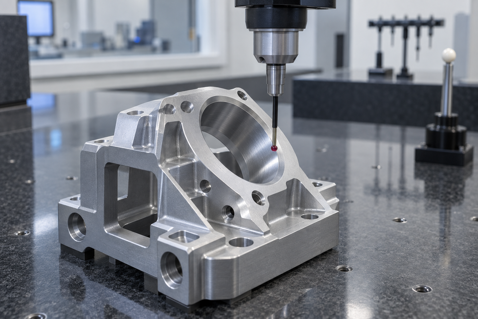 A coordinate measuring machine inspecting an aluminum precision part in a temperature-controlled environment, with the probe lightly touching the workpiece surface and the workshop and monitoring screens in the background