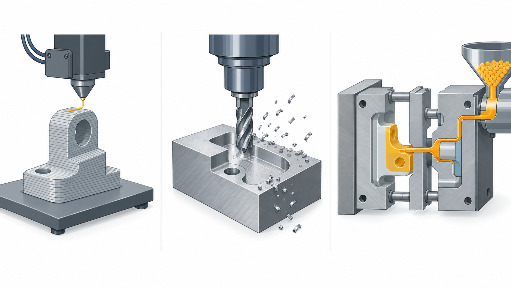 3D 打印逐层堆积成形与 CNC 减材、注塑模压三种加工方式的并排概念对比图