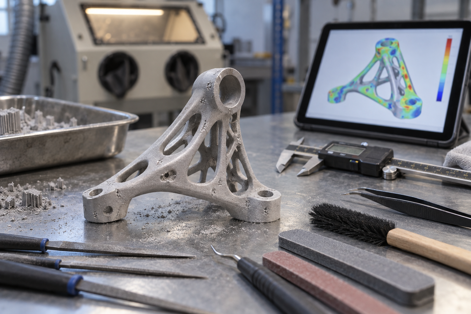 3D 打印件后处理工作台:去支撑后的零件、打磨工具、喷砂设备和卡尺,旁边放着扫描对比色差图