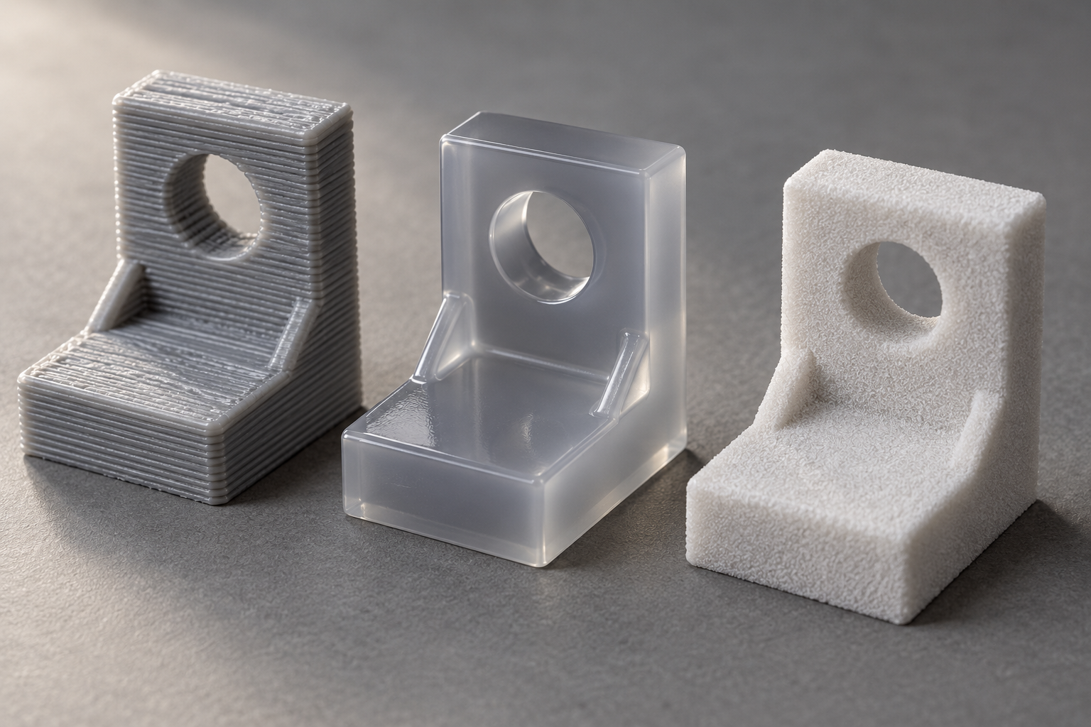 FDM、SLA、SLS 三种 3D 打印工艺的样件并排对比,展示层纹、表面颗粒感和细节还原差异