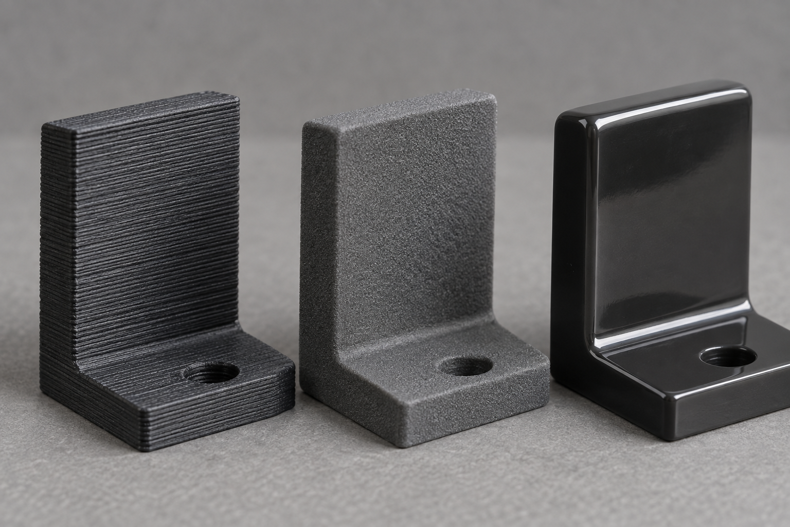 3D 打印件表面粗糙度与后处理对照：侧壁层纹、喷砂后表面、蒸汽抛光后的光泽对比