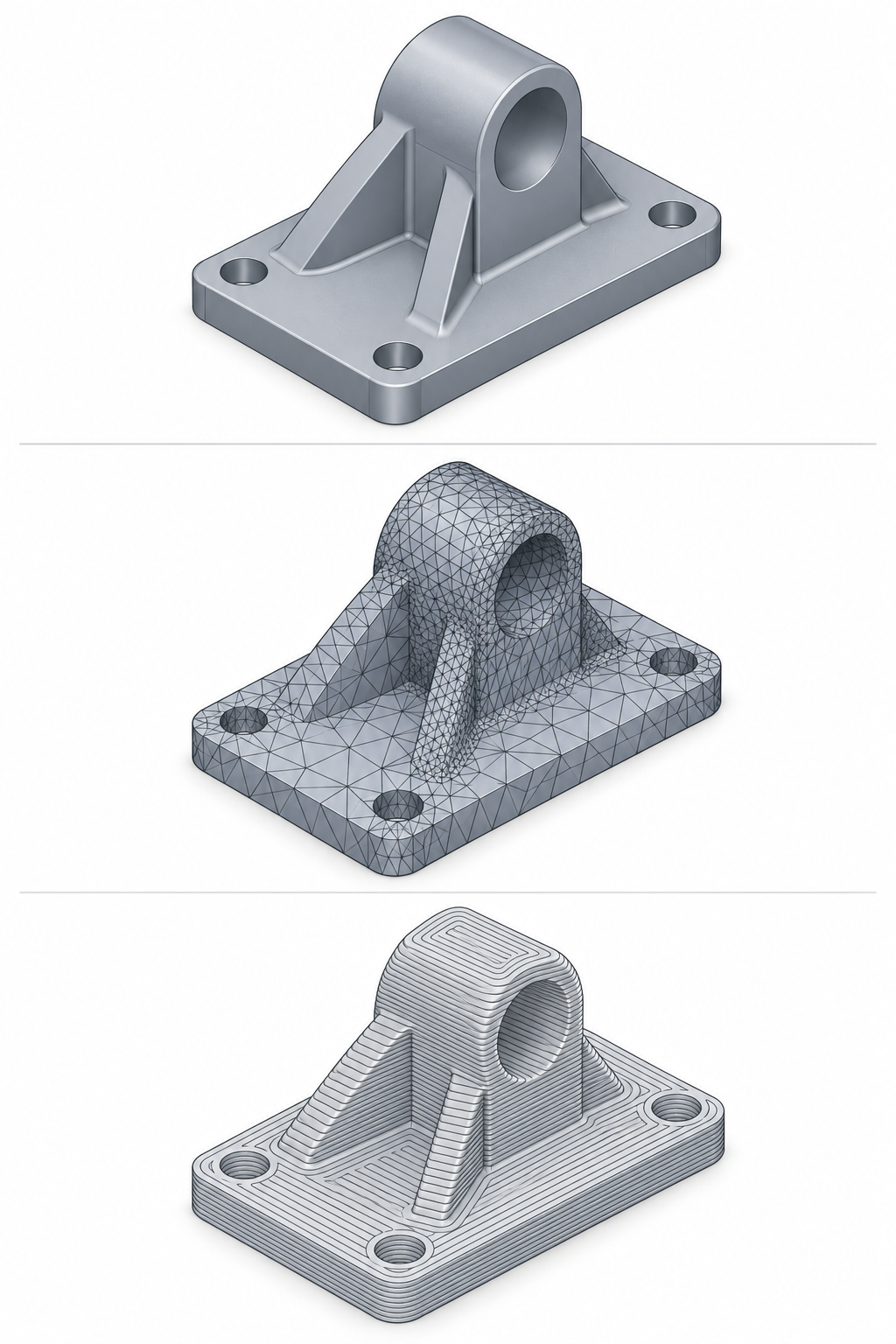 3D 建模数据链示意图:CAD 实体、网格导出、切片路径三层对照