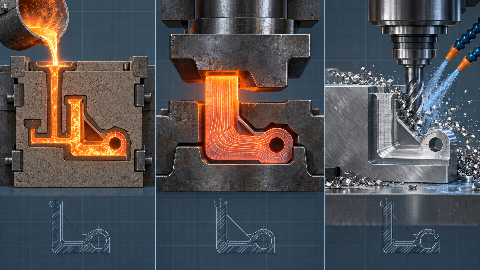 Comparison of three forming paths for the same metal part: liquid filling in casting, pressure shaping in forging, and subtractive removal in CNC machining