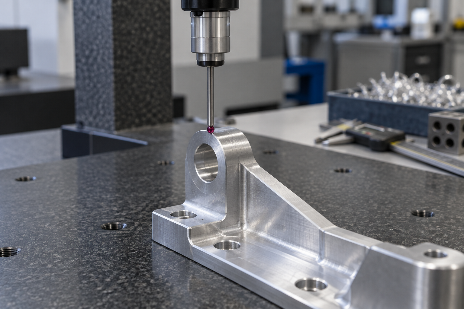A coordinate measuring machine in a metal fabrication workshop inspecting the dimensions of a CNC-machined aluminum alloy part