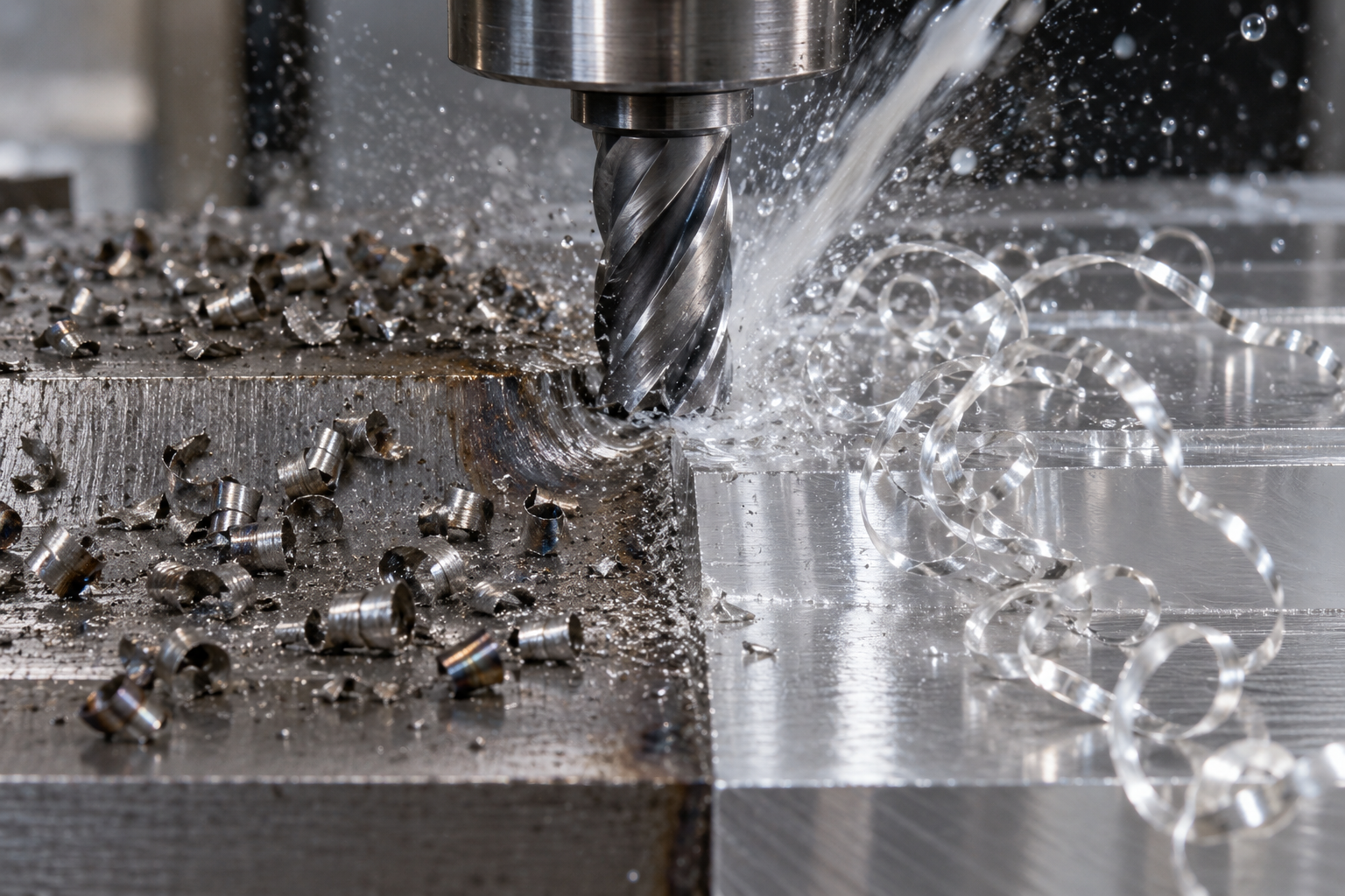 Close-up comparison of chip morphology when a CNC machining center cuts stainless steel versus aluminum parts