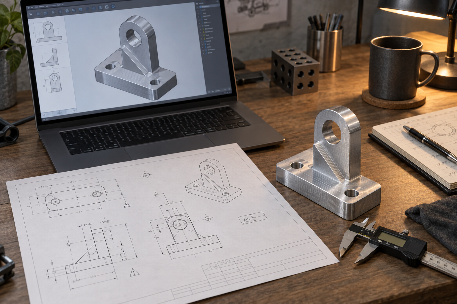 An engineer checking a 3D model against a 2D drawing at a computer, with metal part samples awaiting inquiry and annotated drawings on the desk