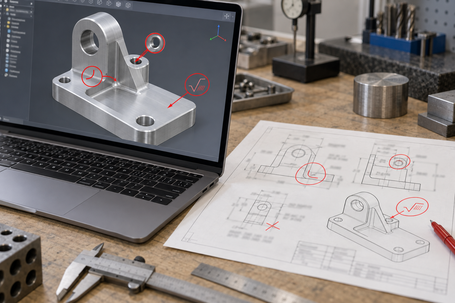 A 3D model of a metal part on an engineering display, with three manufacturability modification suggestions marked in red circles: internal fillet radius, deep hole, surface roughness