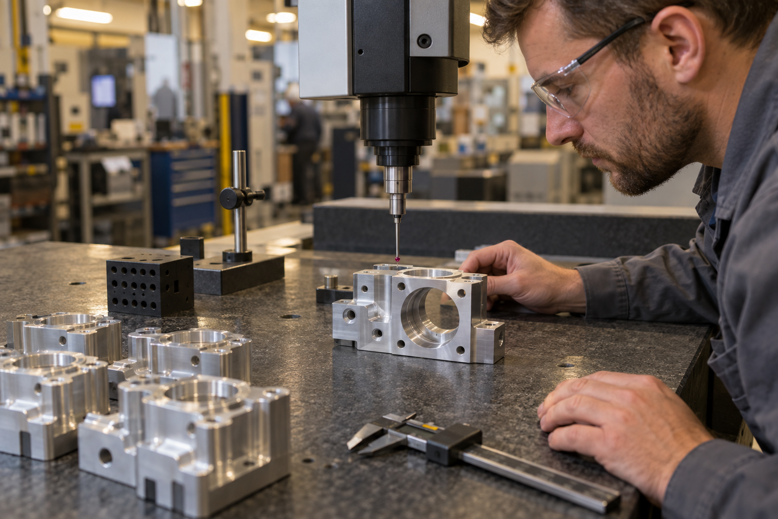 Inside a metal fabrication shop floor, an operator is performing CMM inspection on a first article, with batch parts and gauges placed nearby