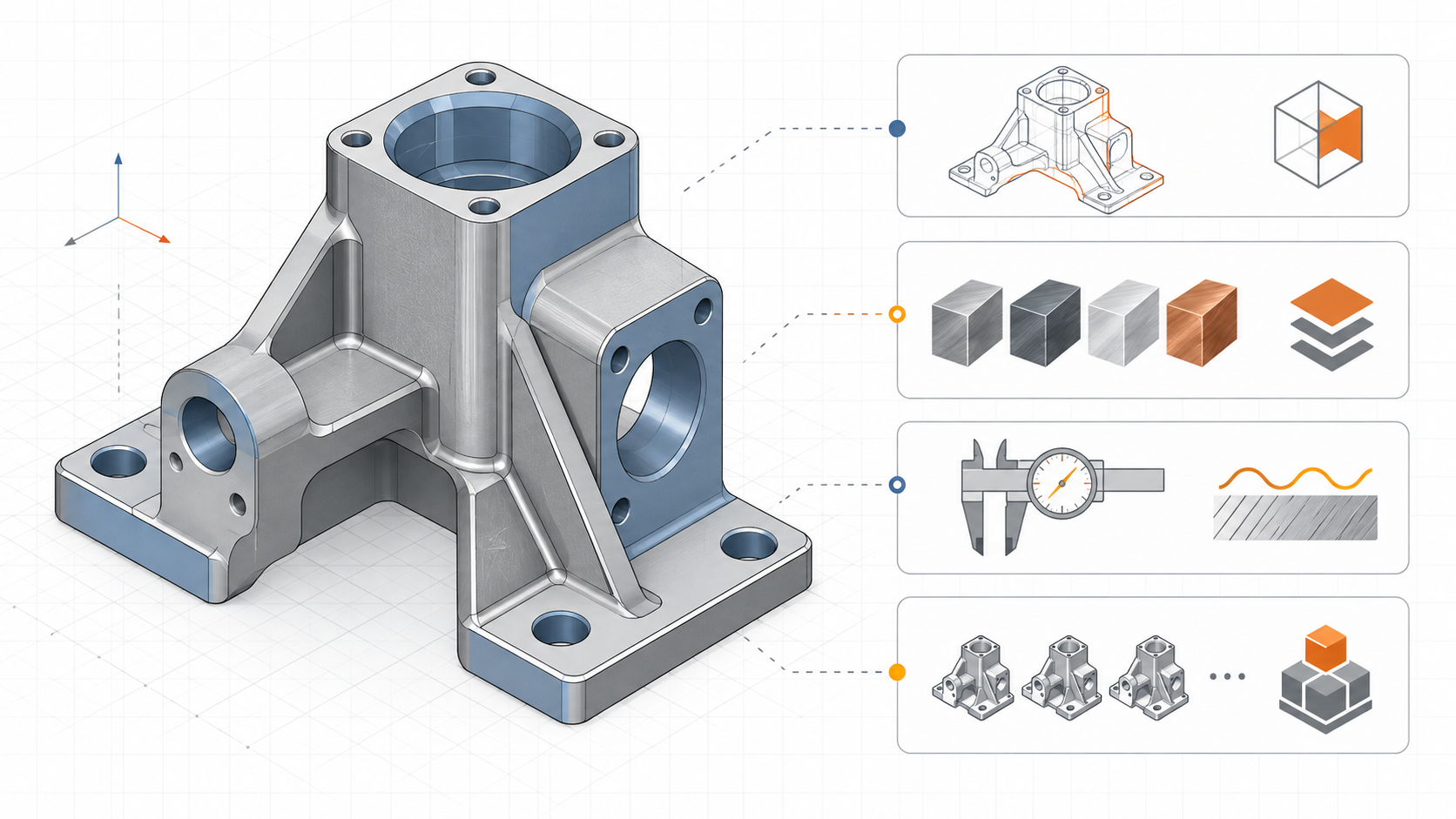 CNC 加工报价界面示意：3D 模型旁列出几何复杂度、材料、公差、批量等报价变量
