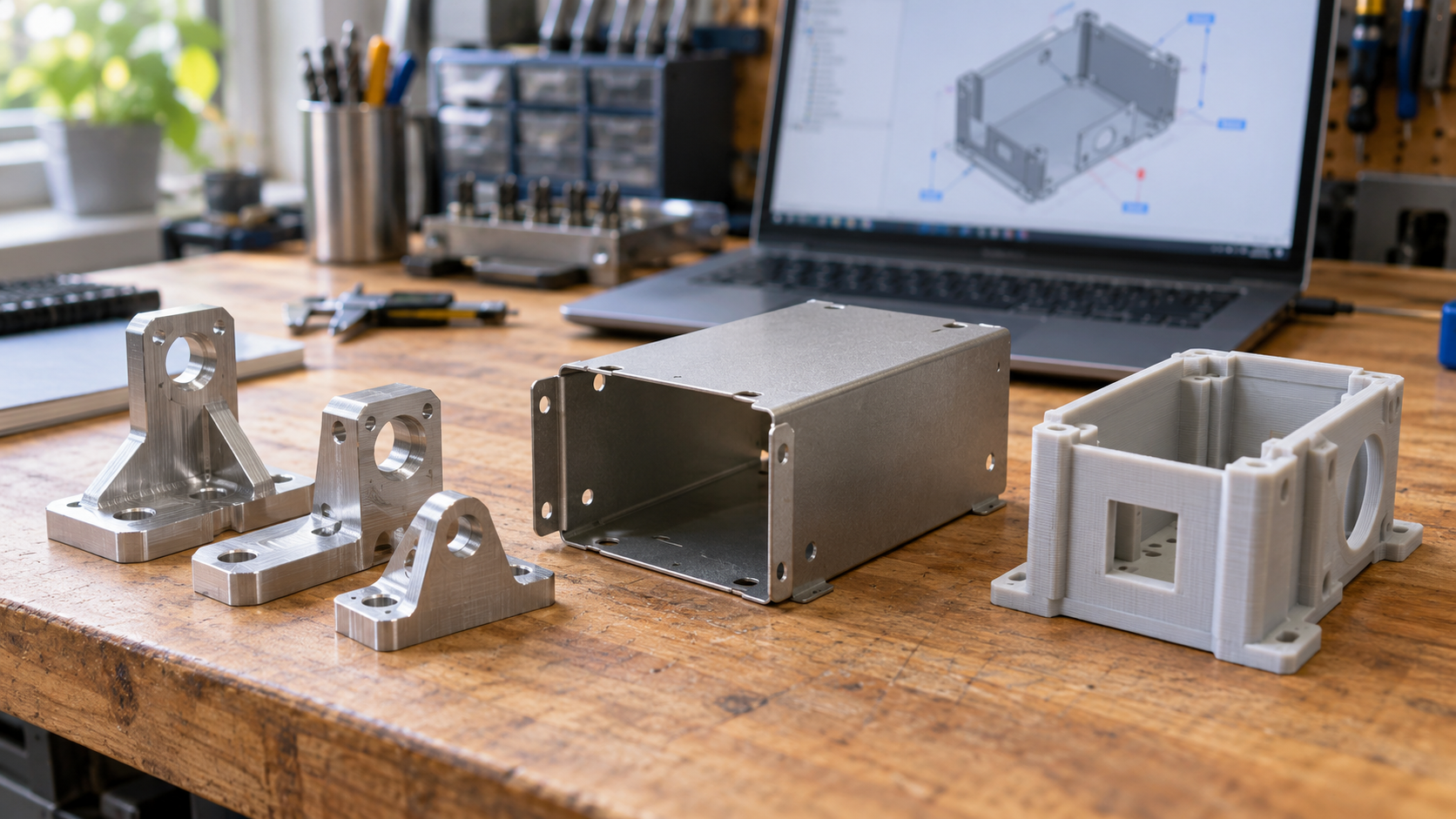 Workshop scene showing a small batch of machined metal brackets and sheet metal parts laid out on a workbench, with a laptop displaying a CAD model and DFM feedback panel in the background