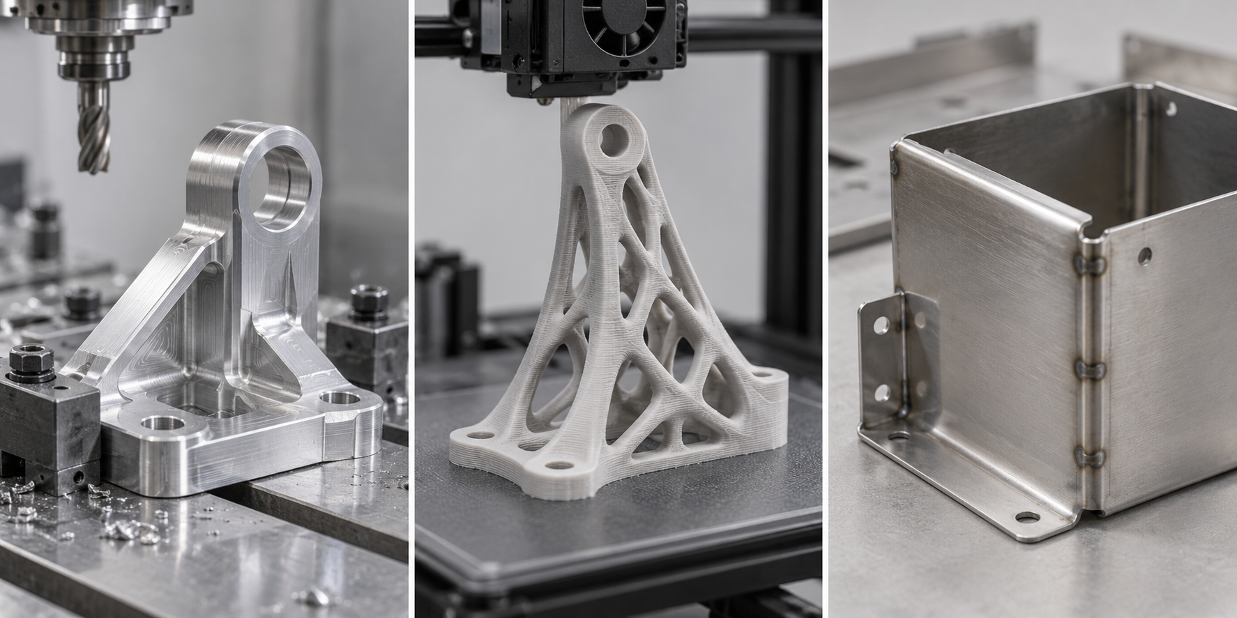 并列展示 CNC 加工、3D 打印与钣金加工三种数字制造工艺的零件形态与适用场景对比