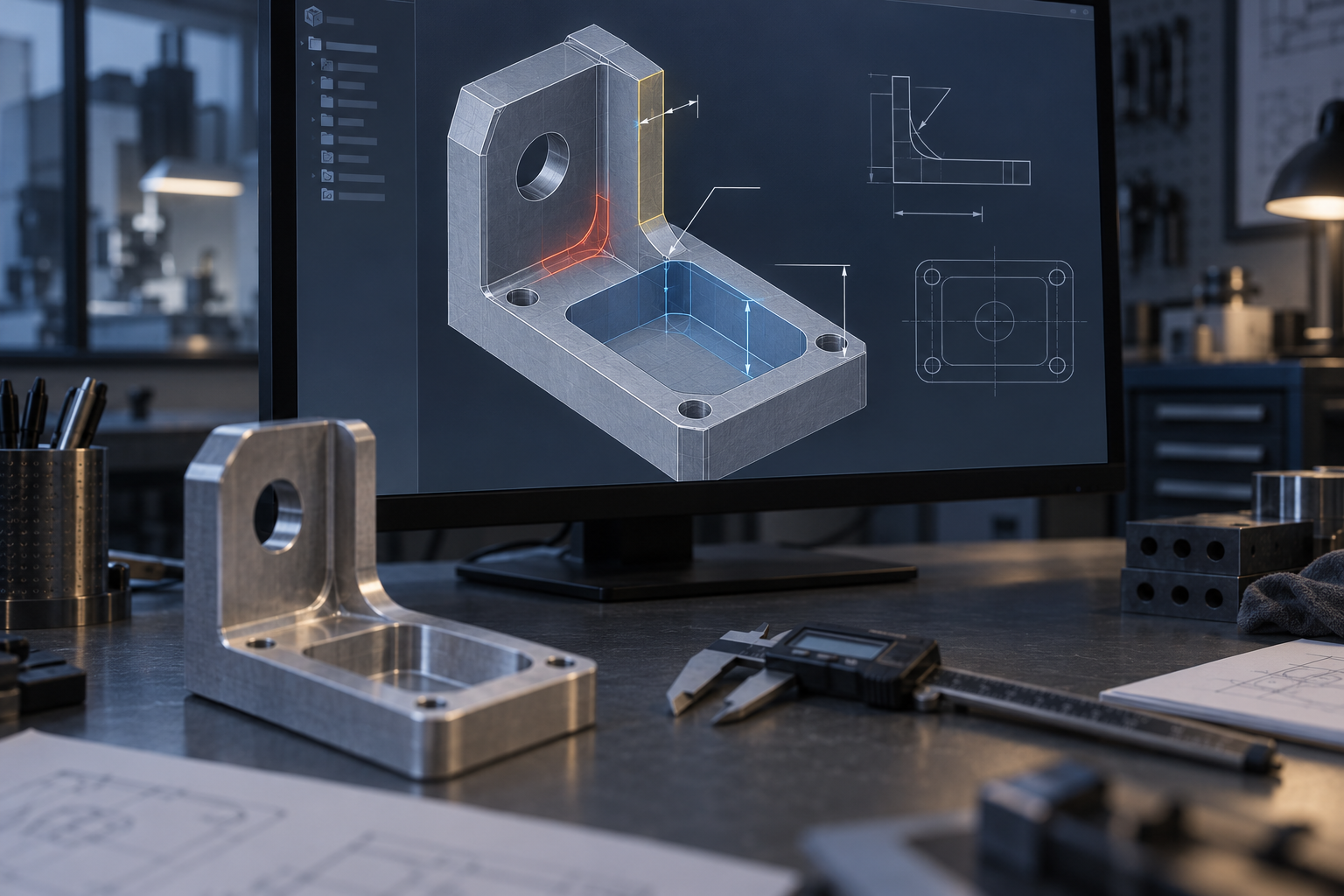 An engineer checking the CAD model of a CNC prototype on screen, marking DFM risk points such as internal fillet radius, wall thickness, and deep-pocket ratio