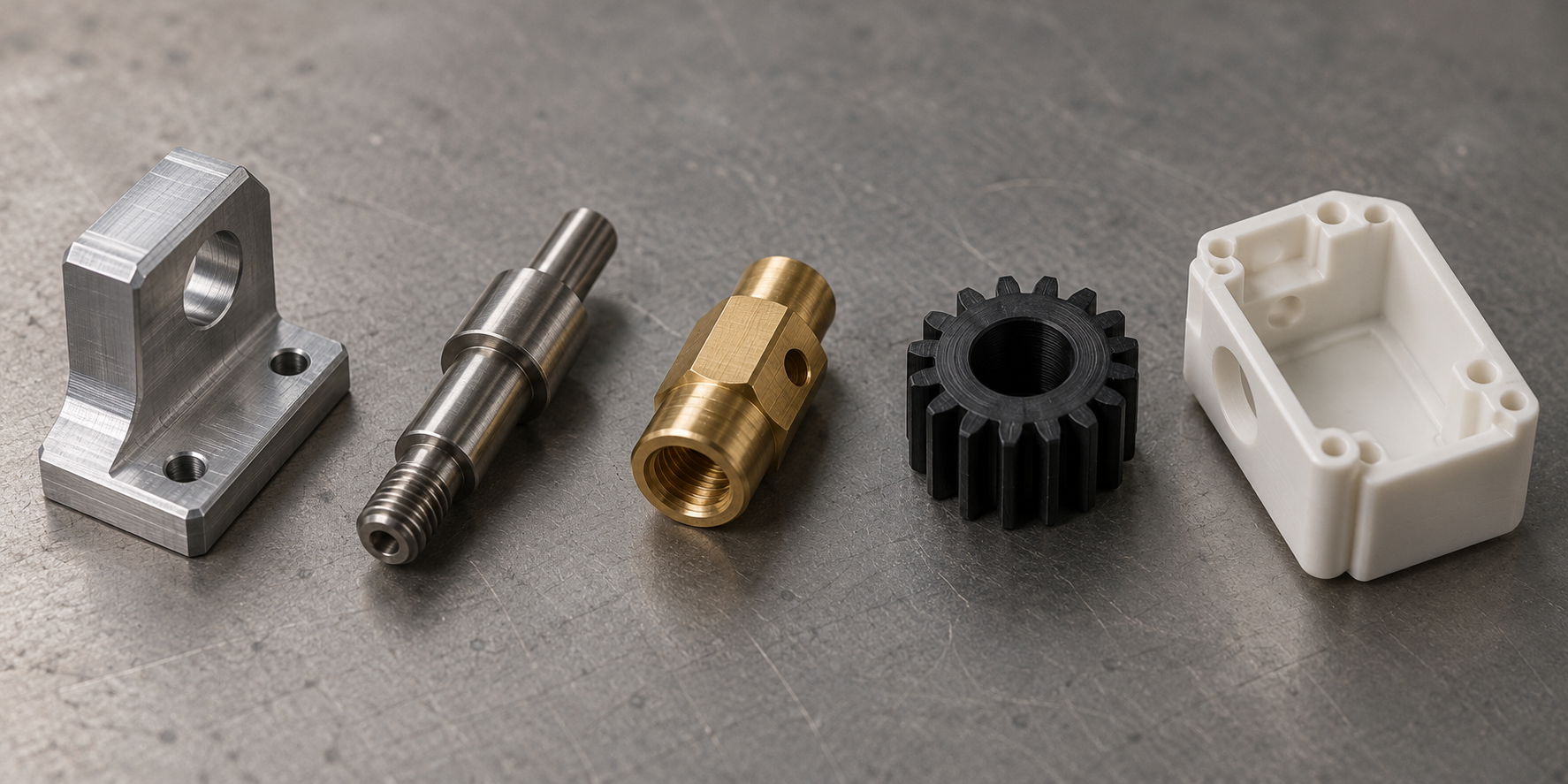 CNC prototyping material comparison: aluminum, stainless steel, brass, POM, and ABS samples displayed side by side