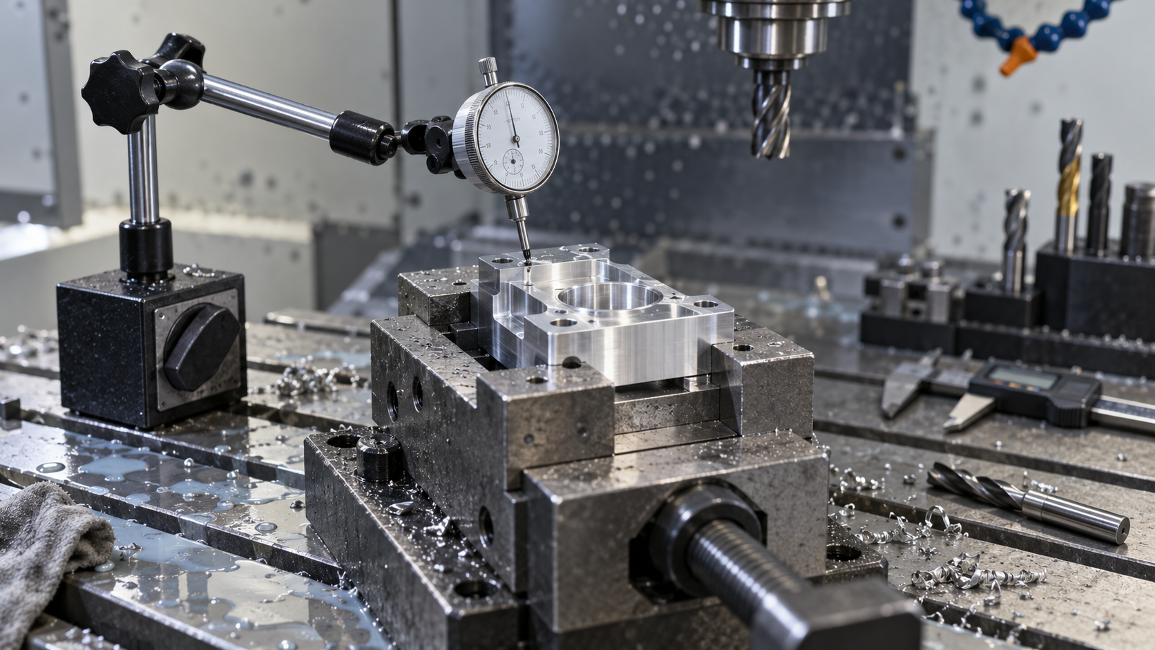 CNC prototyping setup illustration: workpiece located in a bench vise, dial indicator aligning the datum face, cutting tools and calipers placed nearby