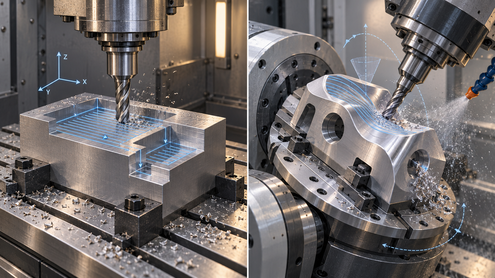 Comparison of 3-axis and 5-axis machining paths in CNC milling prototyping, showing the difference between tool movement along X/Y/Z and multi-axis swivel entry