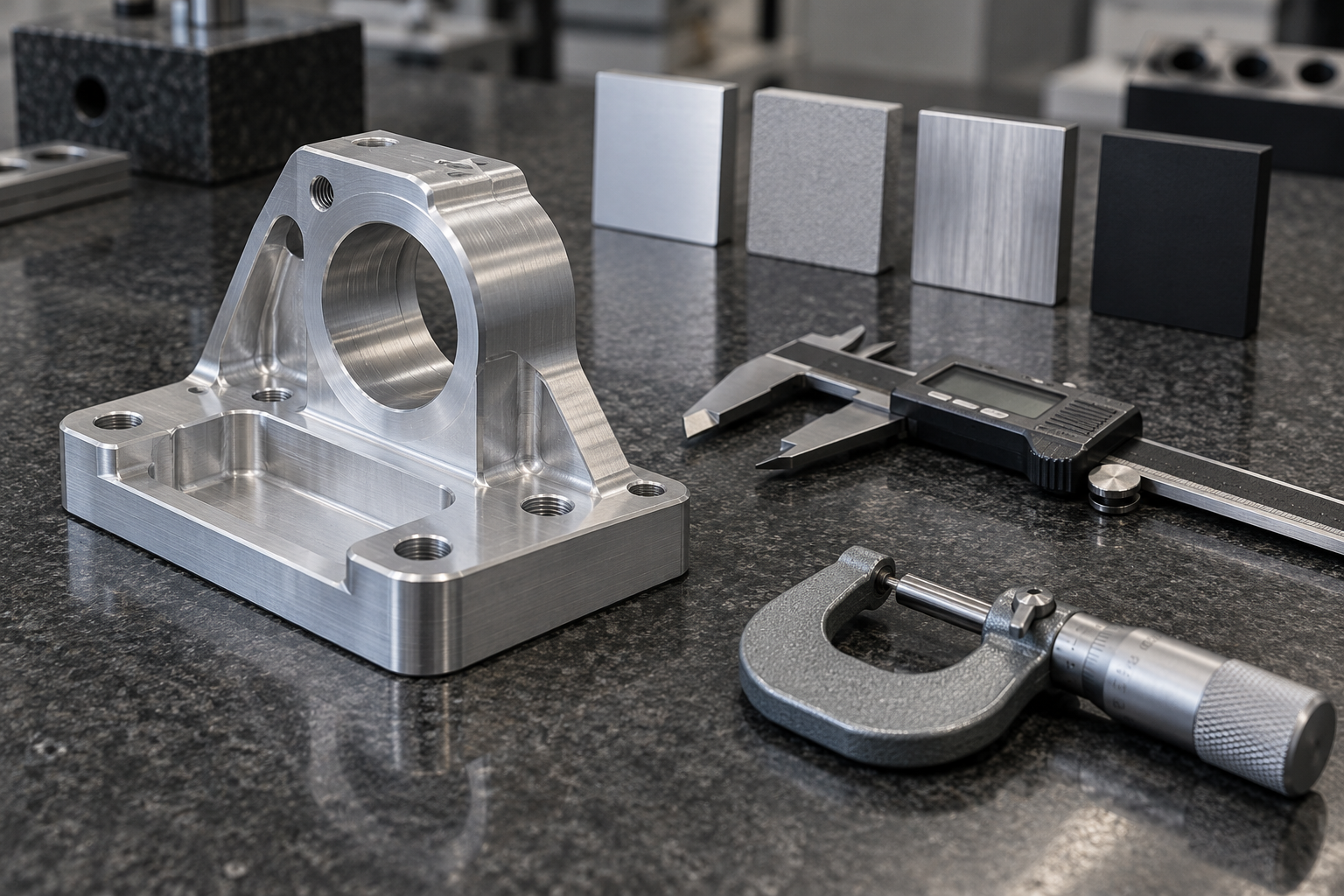 CNC prototype parts measured on an inspection table with calipers and a micrometer, with deburred aluminum parts and surface treatment samples placed nearby