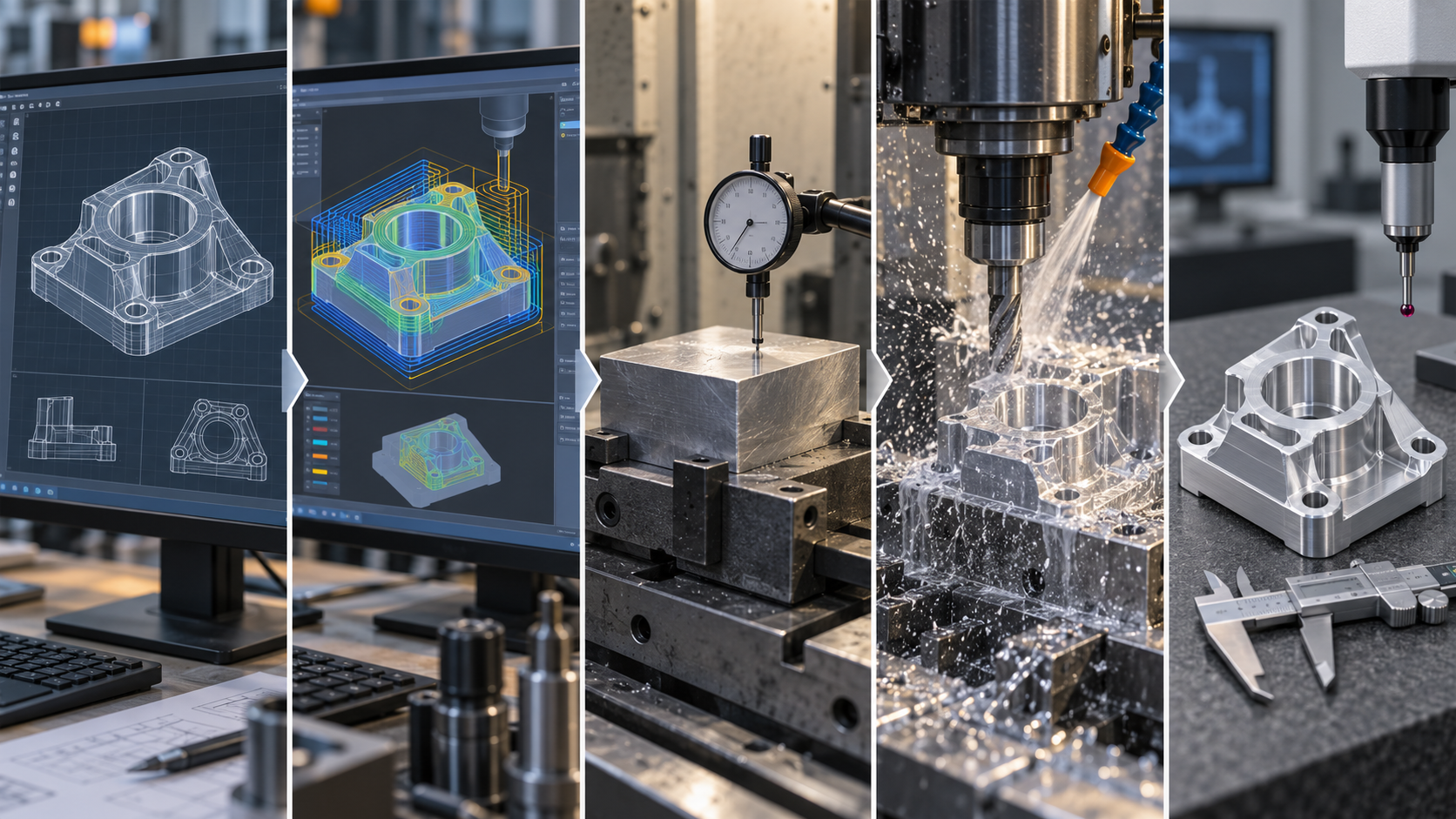 Schematic of the five-step CNC prototyping process: CAD model inspection, CAM programming, fixturing and tool setting, cutting, and post-processing and inspection