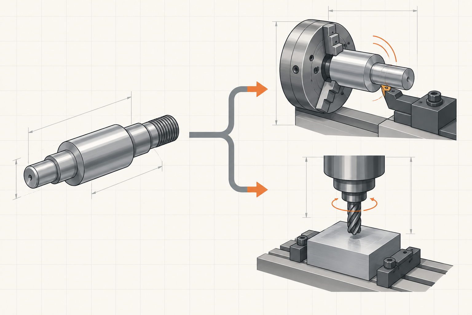 Schematische Darstellung des Entscheidungswegs bei der Verfahrenswahl zwischen Drehmaschine und Fräsmaschine: Ausgehend davon, ob der Hauptkörper des Teils ein Rotationskörper ist, wird auf Drehen, Fräsen oder kombiniertes Verfahren verwiesen