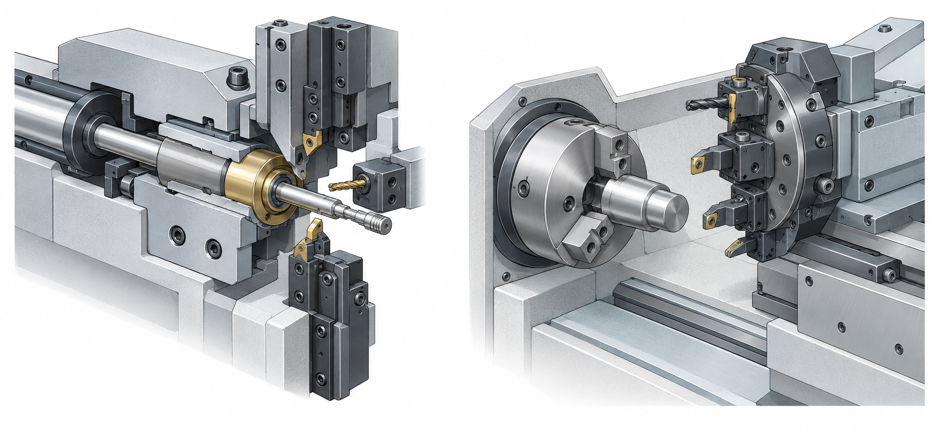 Schematischer Vergleich von Langdrehautomat und Kurzdrehmaschine: links die Langdrehkonstruktion mit Führungsbuchsenzuführung und radial schneidenden Werkzeugen, rechts die Kurzdrehkonstruktion mit Futteraufnahme und bewegtem Revolverwerkzeugträger